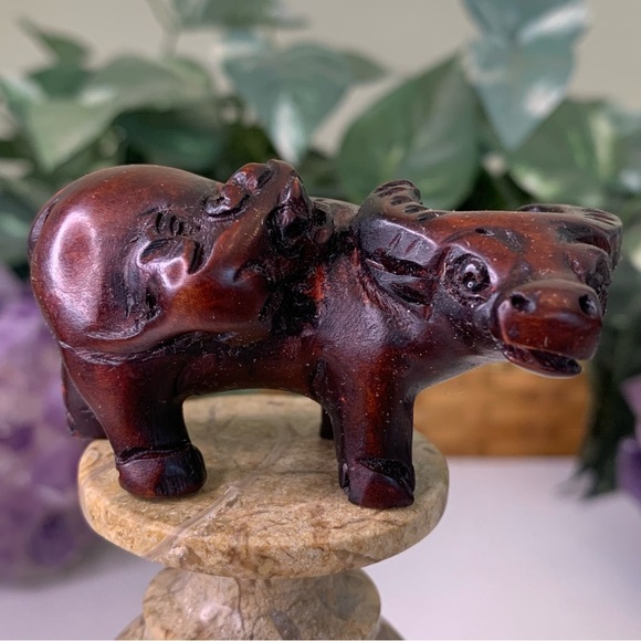 Netsuke Other - Vintage Boxwood Ox With Monkey Netsuke Hand Carved Animal Figurine Wood Carving